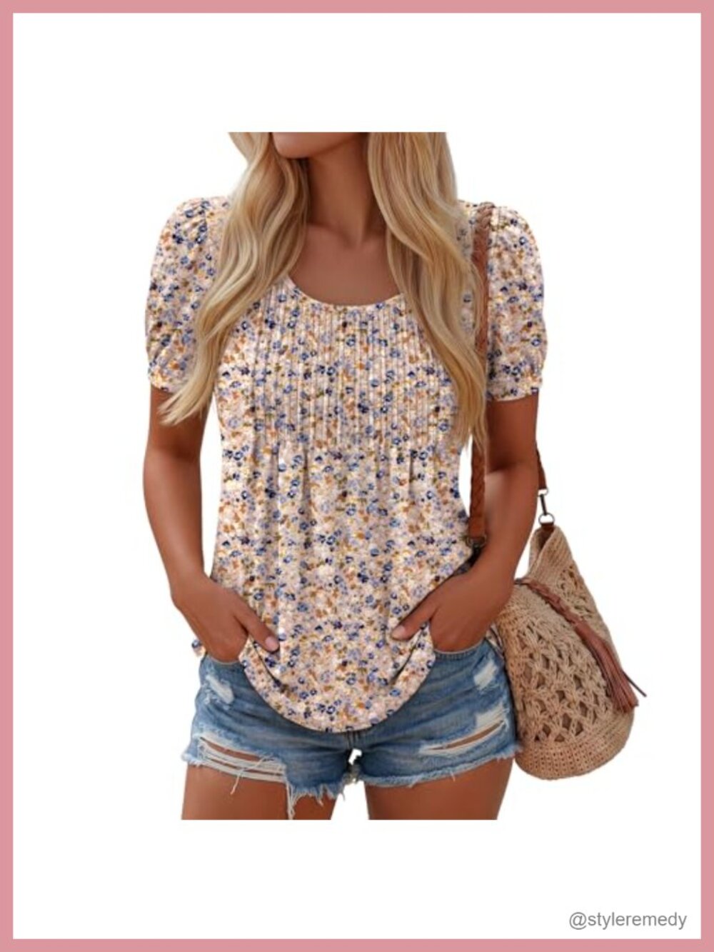 Womens Puff Short Sleeve Boho Tunic Top Pleated Flowy Blouse